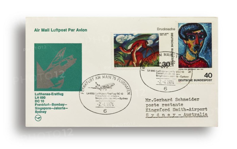 First flight letter, first flight cover, Lufthansa first flight LH690 with DC10 from Frankfurt, Germany, via Bombay, India, Singapore, Jakarta, Indonesia to Sydney, Australia, on 02.04.1974, Asia