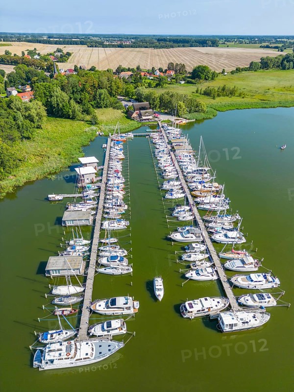 Aerial view, drone photo: Yachts in Krummin natural harbour, Krumminer Wiek on the Peene River, Usedom Island, Mecklenburg-Western Pomerania, Germany, Europe