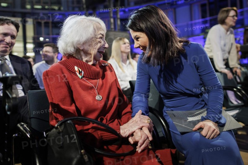 Margot Friedländer, Holocaust survivor, and Annalena Bärbock (Alliance 90/The Greens), Federal Foreign Minister, photographed during the presentation of the DSI Talisman Prize to Dunja Hayali in Berlin, 12 March 2024. Photographed on behalf of the Federal Foreign Office