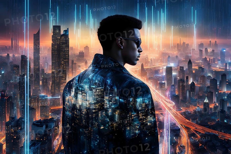 Digital representation of a multiple exposure photograph featuring a cyber human and an urban architecture, AI generated
