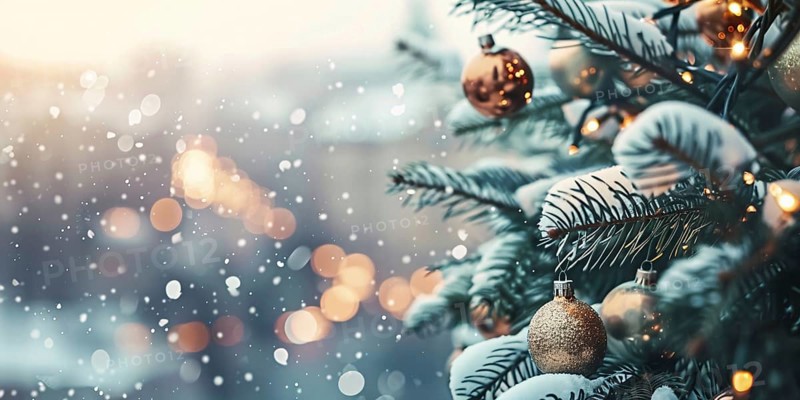Christmas banner with golden bauble ornaments on tree and blurry city and snow in background, Generative Ai, AI generated