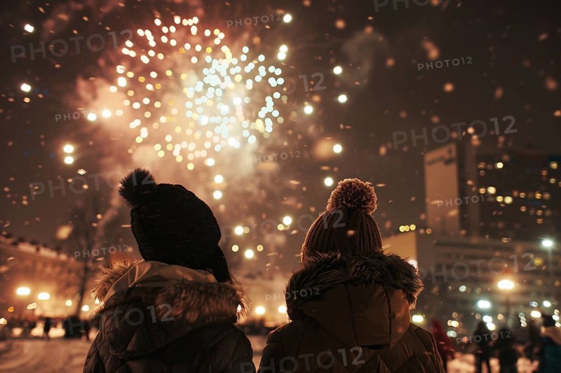 Back view of 2 young people in winter clothes celebrating new year with fireworks. Generative Ai, AI generated
