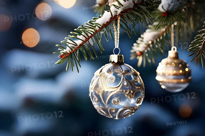 Set of Christmas ornaments hanging on a snow-covered pine tree branch, with frost clinging to the delicate glass and metal surfaces, AI generated