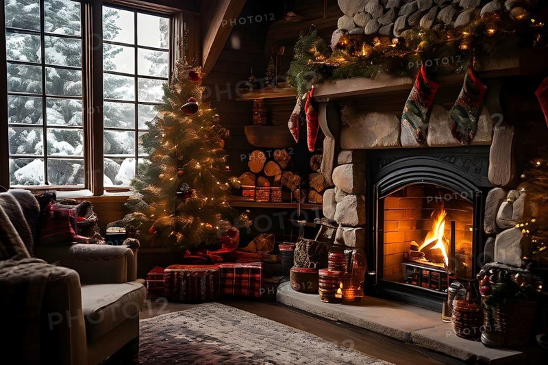 Traditional stone fireplace decorated for Christmas, with garlands, stockings, and candles, set in a cozy, snow-draped winter cabin, AI generated