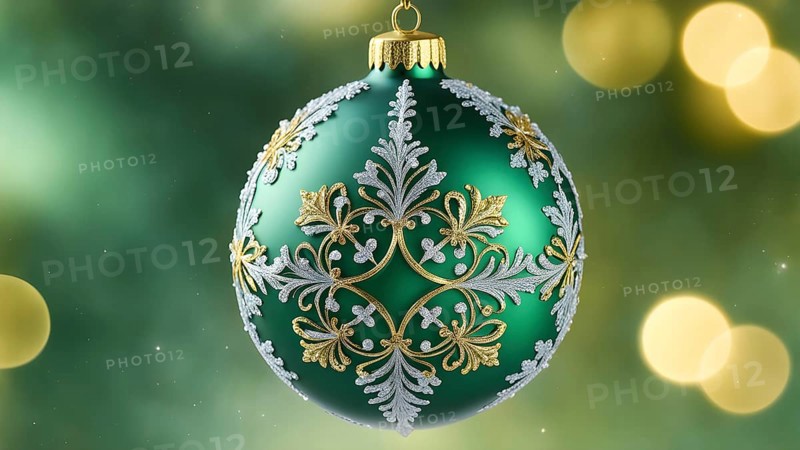 Close up of a frosted green Christmas ornament, detailed with tiny ice crystals, delicate carvings, and a soft glow, AI generated
