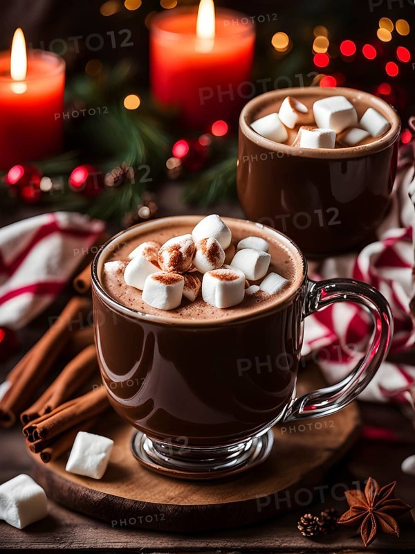 A close-up of a steaming cup of hot cocoa topped with marshmallows, surrounded by cinnamon sticks, candy canes, and a plaid blanket, evoking a warm, festive feel, AI generated