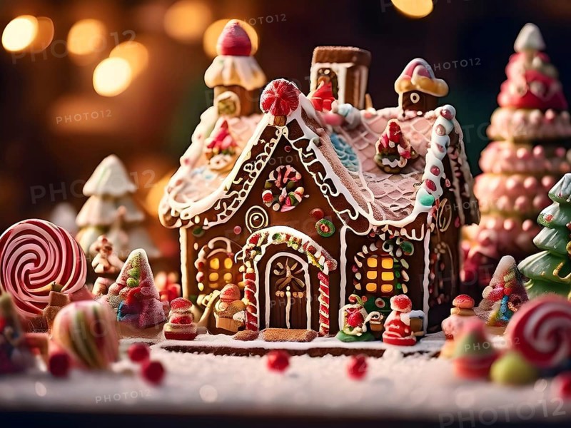 Gingerbread house decorations, focusing on the intricate icing details, colorful candy, and soft, warm light creating a cozy festive ambiance, AI generated