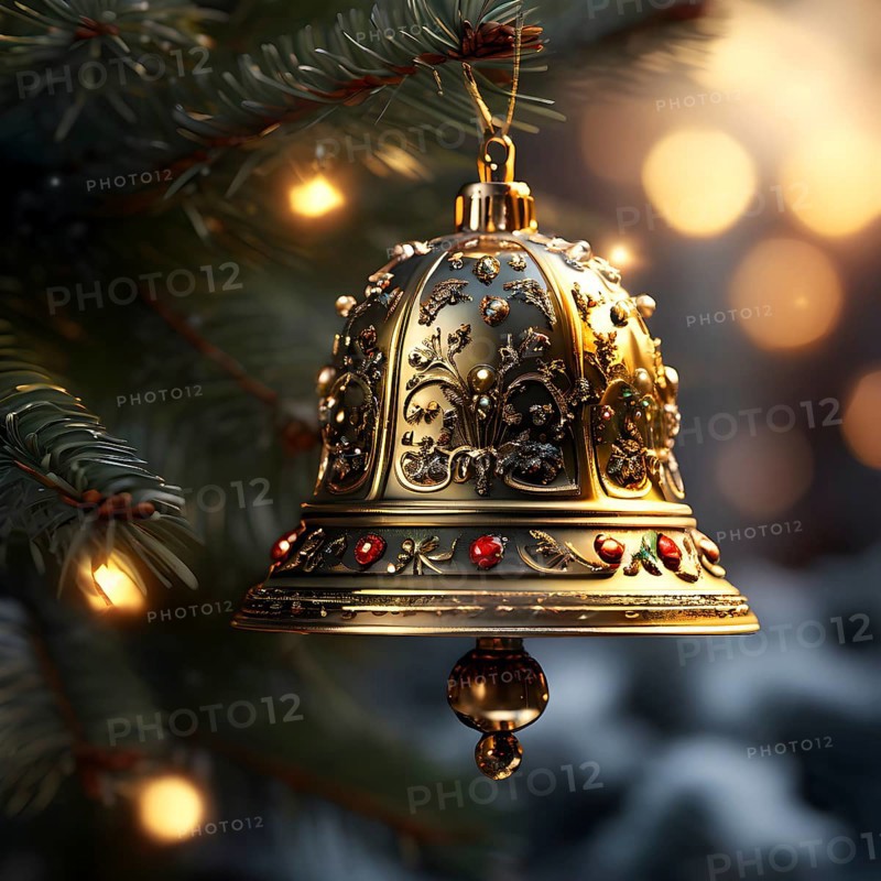 Vintage Christmas bell ornament hanging on a snow-dusted evergreen branch, capturing the intricate metallic details and soft reflections of nearby lights, AI generated