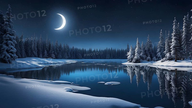 Tranquil winter night scene with a crescent moon and stars shining brightly over a frozen lake, with a line of snow-covered pine trees reflected in the lake, AI generated