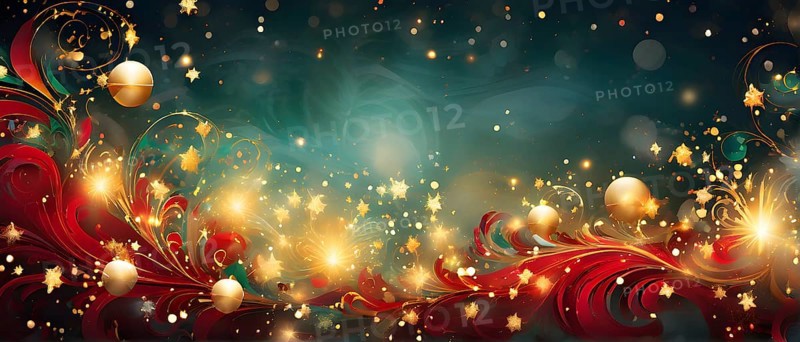 Abstract wallpaper illustration of Christmas symbols for gift cards, swirling shapes and lines, in red green and golden colors, AI generated