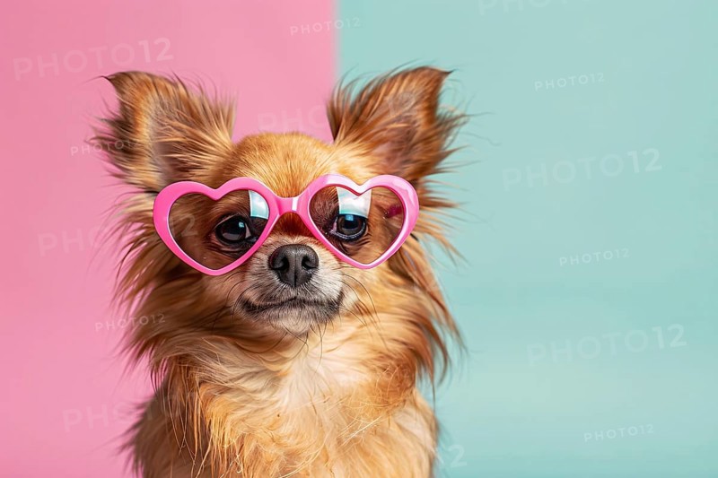 Cute small Chihuahua dog with pink heart shaped glasses on pastel pink and blue background. Generative Ai, AI generated