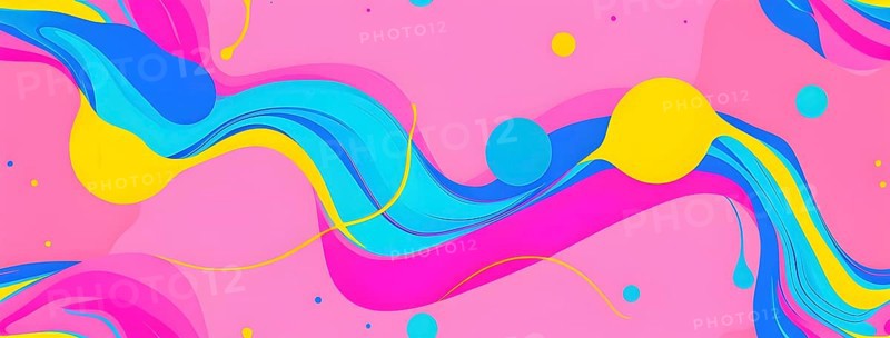 Abstract image with colorful yellow and turquoise blobs and liquid shapes on a pink background, AI generated