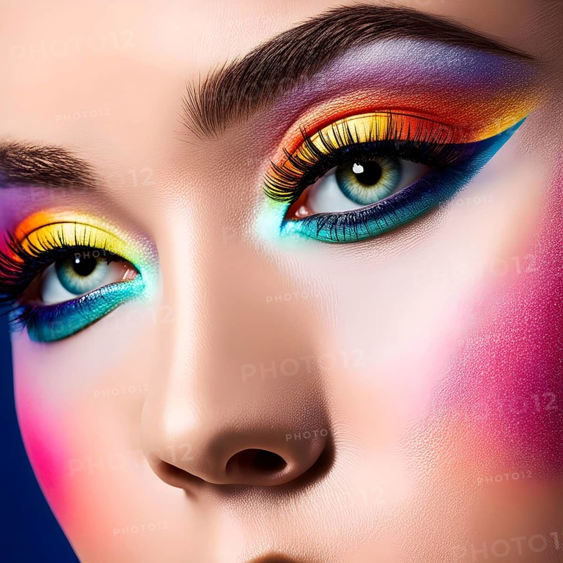 Close up of eye featuring vibrant colored eyelids with intense eye shadow, AI generated
