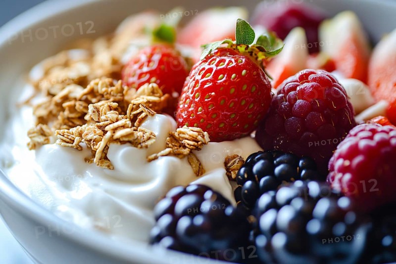 Close up of healthy bowl with yoghurt, granola, strawberry, raspberry and blackberry. Generative Ai, AI generated