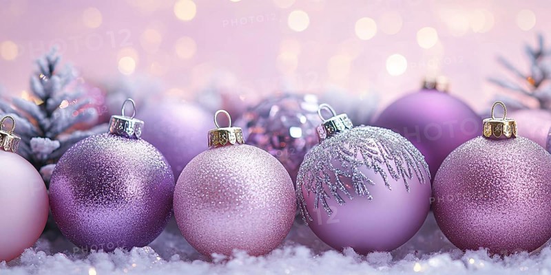 Christmas banner with pink and purple bauble ornaments with copy space. Generative AI, AI generated