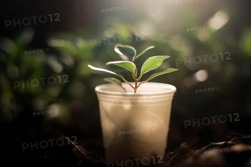 Small plant seedling growing out of plastic cup. KI generiert, generiert AI generated