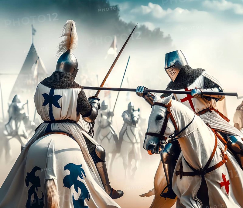 Two medieval knights fight on horseback in armour, helmet and with lance and sword, AI generated, AI generated
