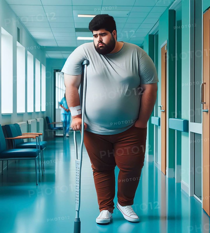 A man with severe obesity, overweight, walks with difficulty supported by crutches, symbolic image unhealthy diet, disease, AI generated, AI generated