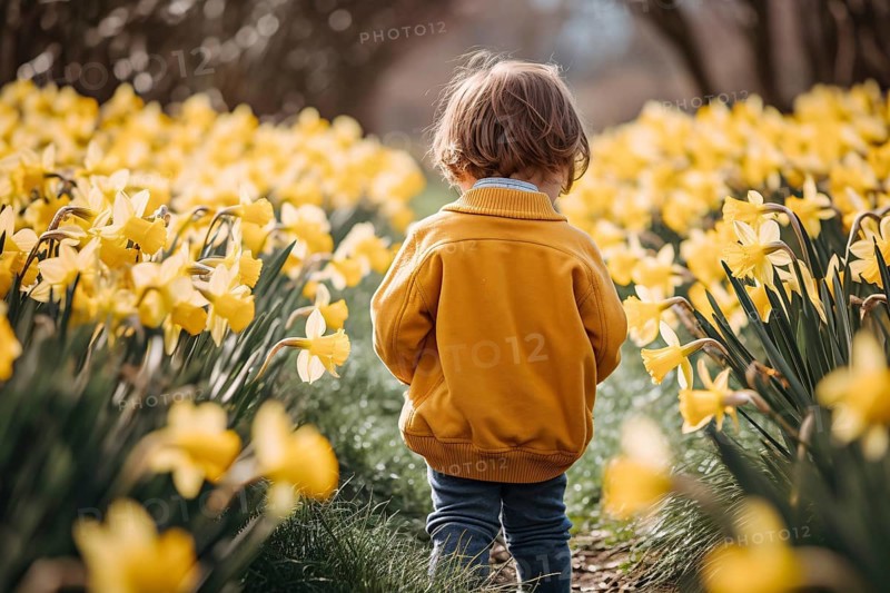 Back view of young child walking through field of yellow spring Daffodil flowers. KI generiert, generiert AI generated
