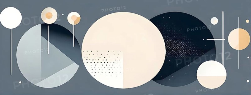 Minimalist composition of overlapping geometric shapes, such as circles, squares, and triangles, with clean lines and muted pastel colors, AI generated