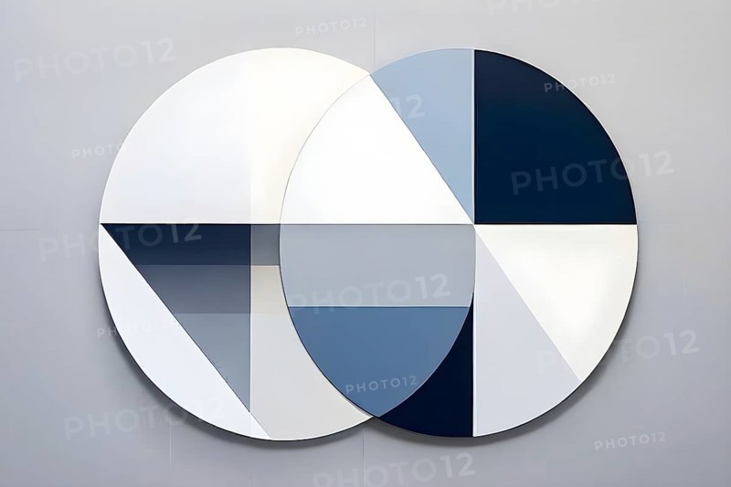 Minimalist composition of overlapping geometric shapes, such as circles, squares, and triangles, with clean lines and muted pastel colors, AI generated