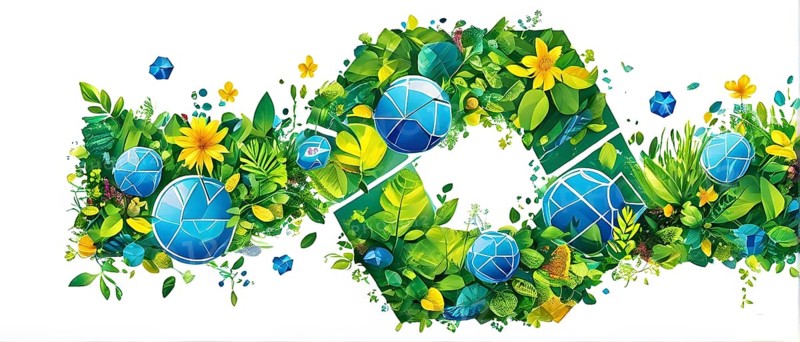 Recycling symbol morphing into growing plants and solar cells to symbolize the transformation of waste into renewable resources, AI generated