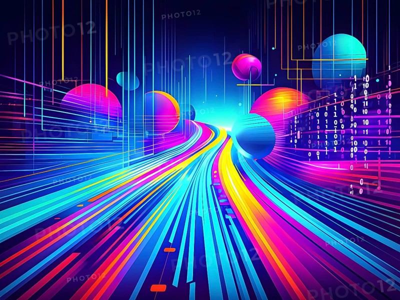 Abstract data stream flowing like liquid light, with sharp lines of code and binary numbers cascading in bright neon colors, AI generated