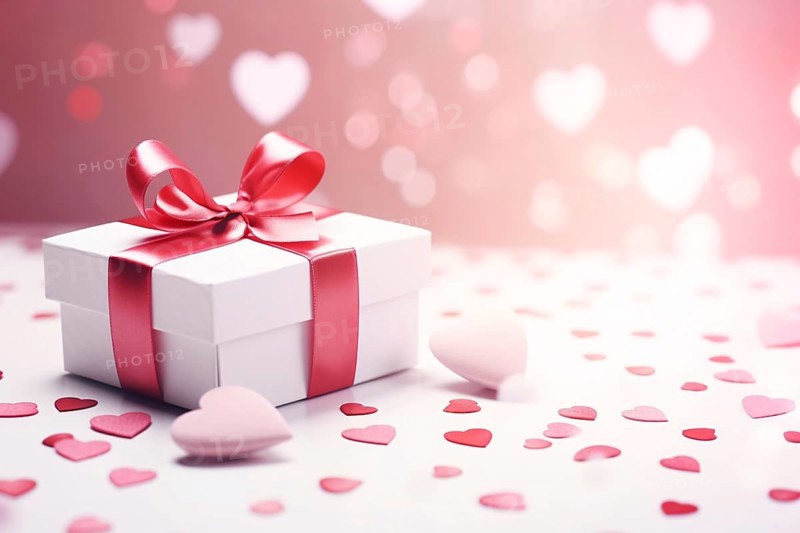 White Valentine or wedding gift box with pink ribbon and red heart shaped confetti. KI generiert, generiert AI generated
