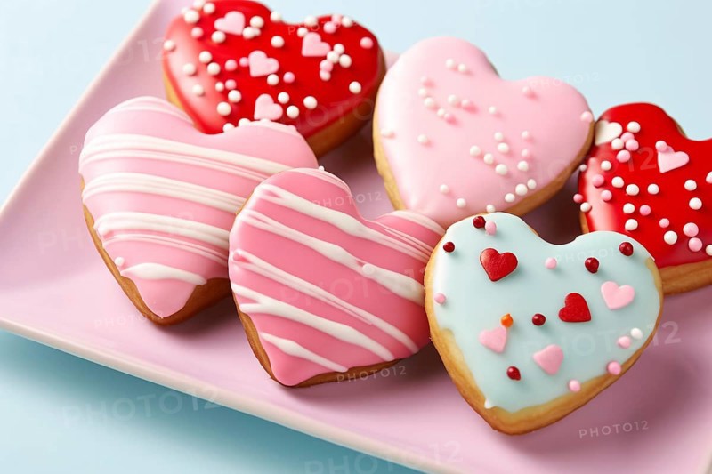 Top view of heart shaped cookies with sugar glazing on pink plate. KI generiert, generiert AI generated