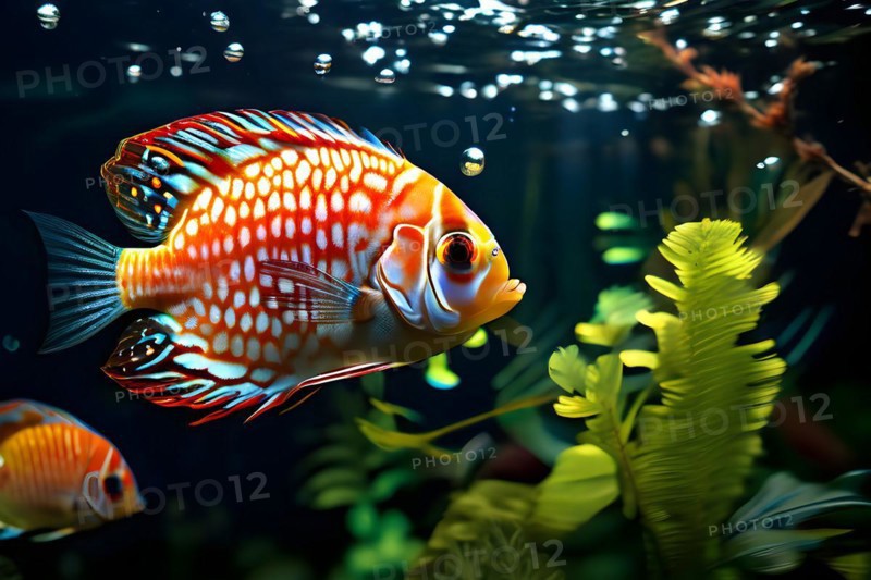 Discus fish gliding through the shallow amazon waters illuminated by dappled sunlight, AI generated