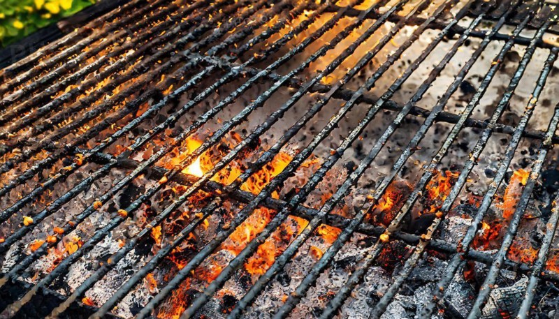 Empty grill grate with burnt remains on the grid, garden grill, AI generated, AI generated