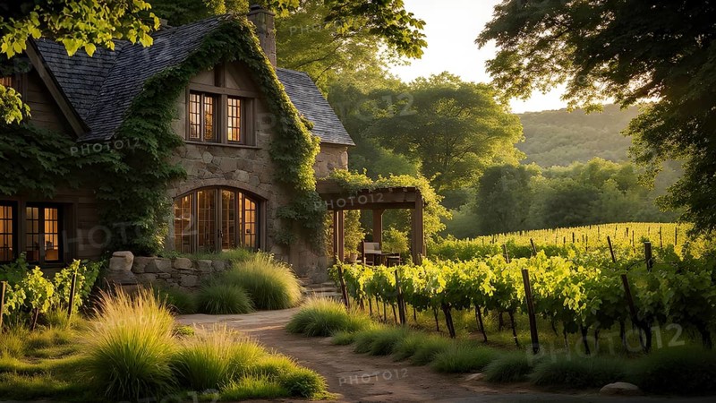 AI generated rustic vineyard cottage nestled amidst lush summer colored vine leaves