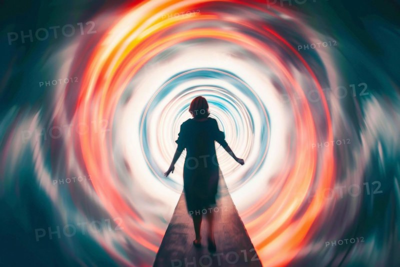 A woman walks through a tunnel into the light, symbolic image for near-death experience, death, grief, separation, psychology, parapsychology, idea of the afterlife, AI generated, AI generated, AI generated