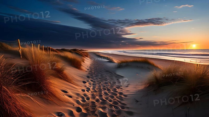 Sunset mood on a whispering tranquil costal landscape with sandy beach, AI generated