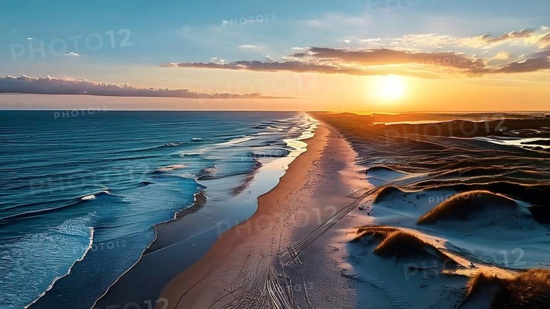 Aerial view of Sunset mood on a whispering tranquil costal landscape with sandy beach, AI generated
