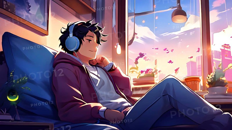 Anime style portrait of a boy with large headphones engulfing his ears, AI generated