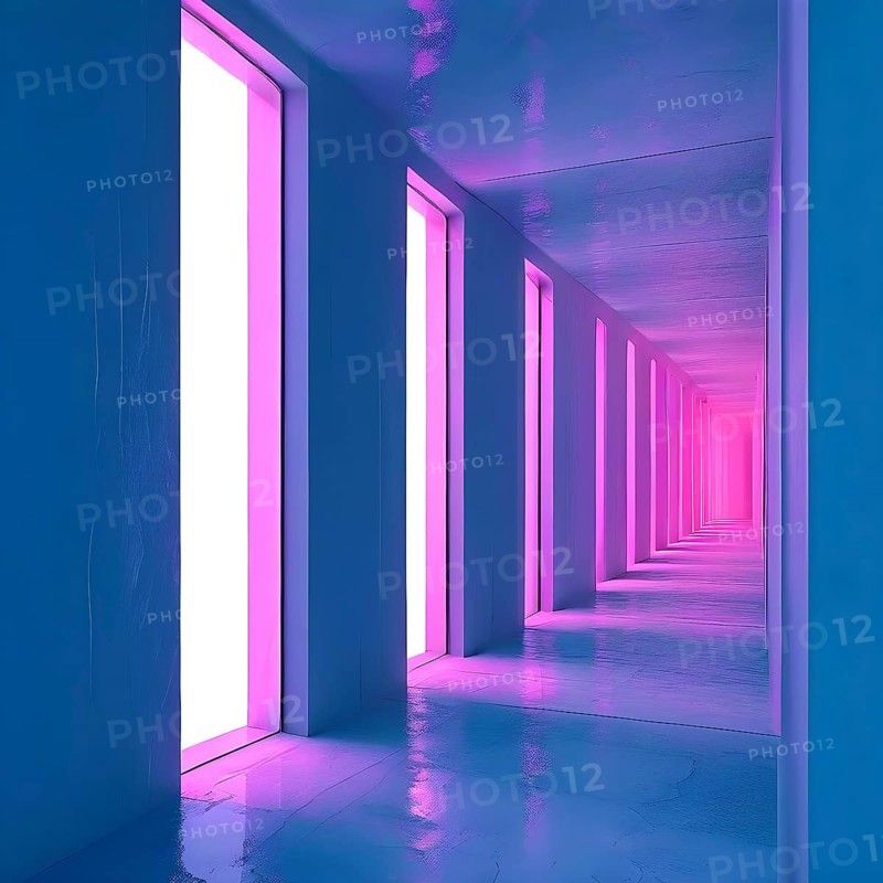 Windows aligned within an elongated tunnel permeated with gradients of blue and magenta hues, AI generated