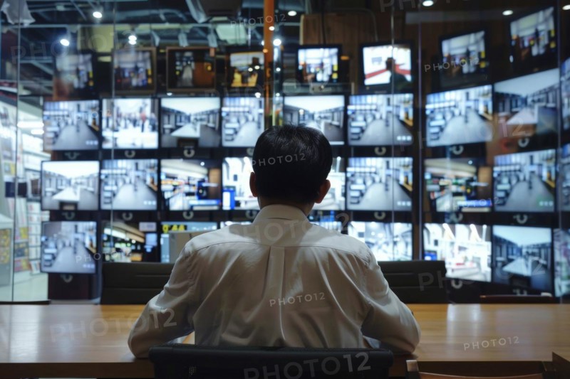 A man sits in a control room with many monitors and monitors various areas in a shopping centre, AI generated, AI generated, AI generated