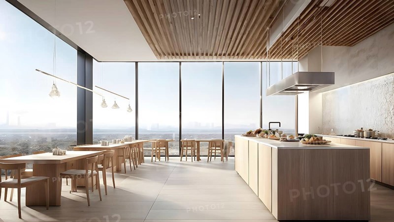 Wooden kitchen with top counter and other modern interior elements, AI generated