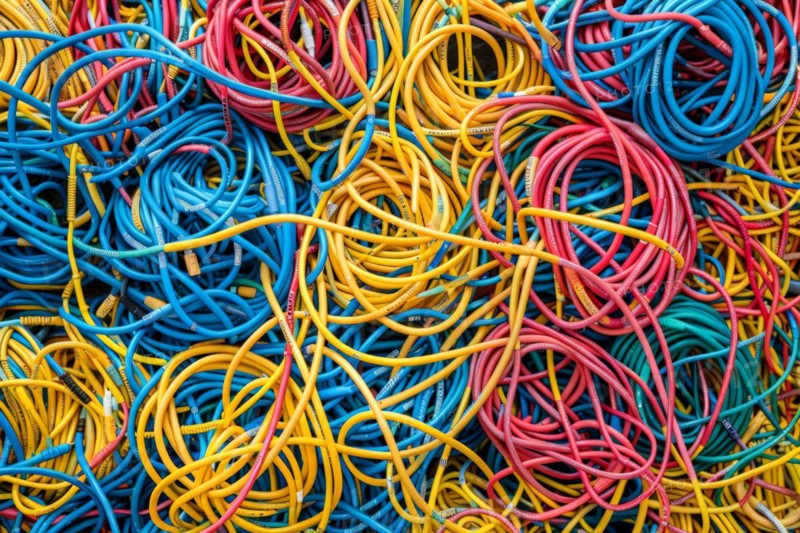 Electronic waste, cable, data cable, power cable, format-filling, symbolic image for cable recycling and material cycle, AI generated, AI generated, AI generated