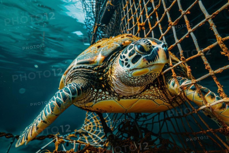 A sea turtle, hawksbill turtle caught in a fishing net, symbolic image for endangered species, marine animals pollution, marine pollution, pollution of the oceans, AI generated, AI generated, AI generated