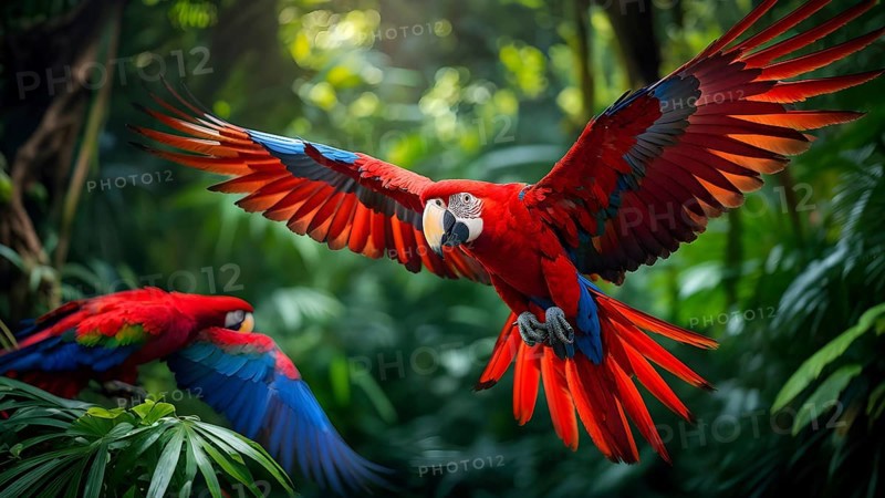 Scarlet macaw in mid flight against green jungle canvas, AI generated