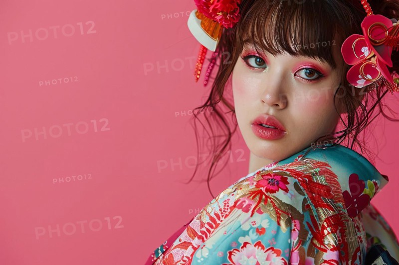 Young caucasian Woman wearing Japanese Kimono in front of pink studio background. Close up of wind mill turbine covered in ic ein winter, AI generated