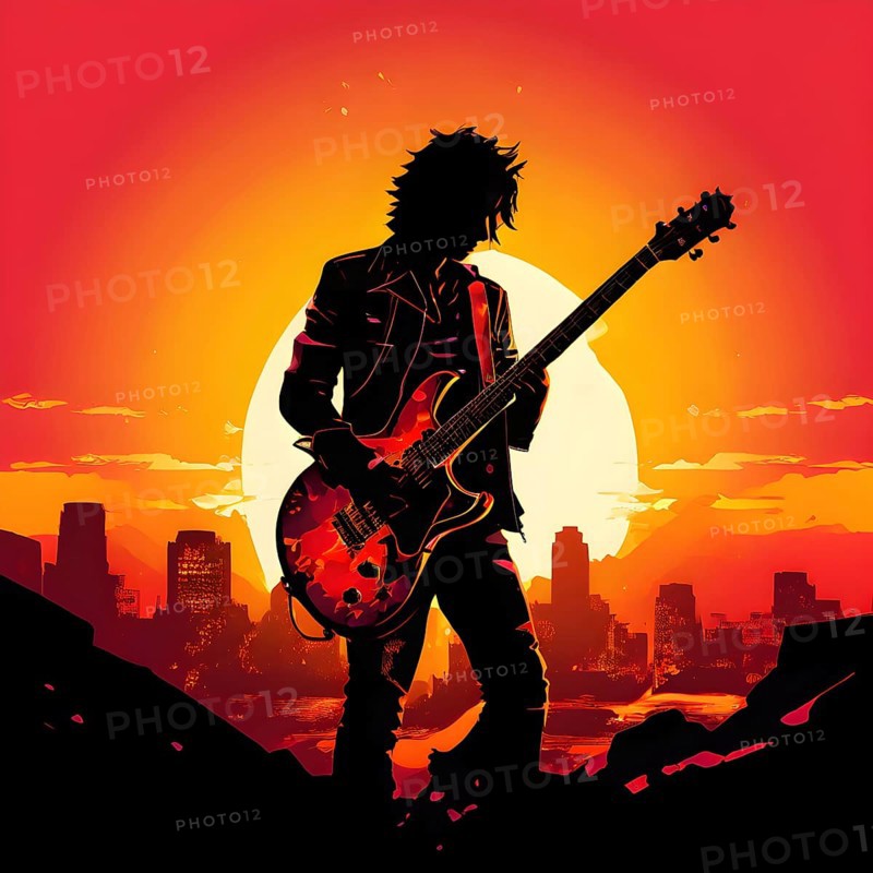 Illustration of a rock star silhouette clutching guitar against abstract urban skyline morphing into sunset, AI generated
