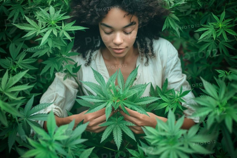 Young woman harvesting hemp in a hemp field, cannabis, industrial hemp, industrial hemp, symbolic image, drug use, illegal, legal, for medical, industrial purposes or food production, AI generated, AI generated, AI generated