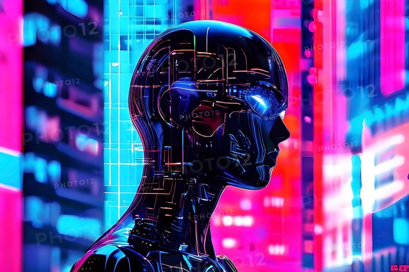 Digital representation of a multiple exposure photograph featuring a cyber human and an urban architecture, AI generated