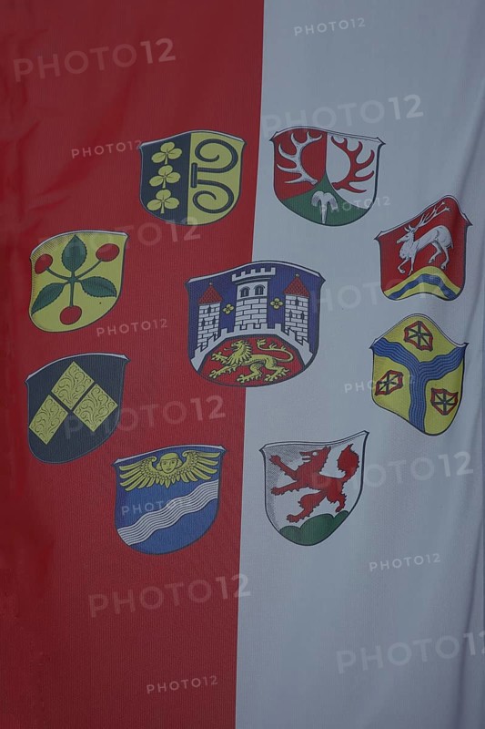 City flag and city districts, city coat of arms with lion figure and three towers, red, white, market square, Biedenkopf, Hesse, Germany, Europe