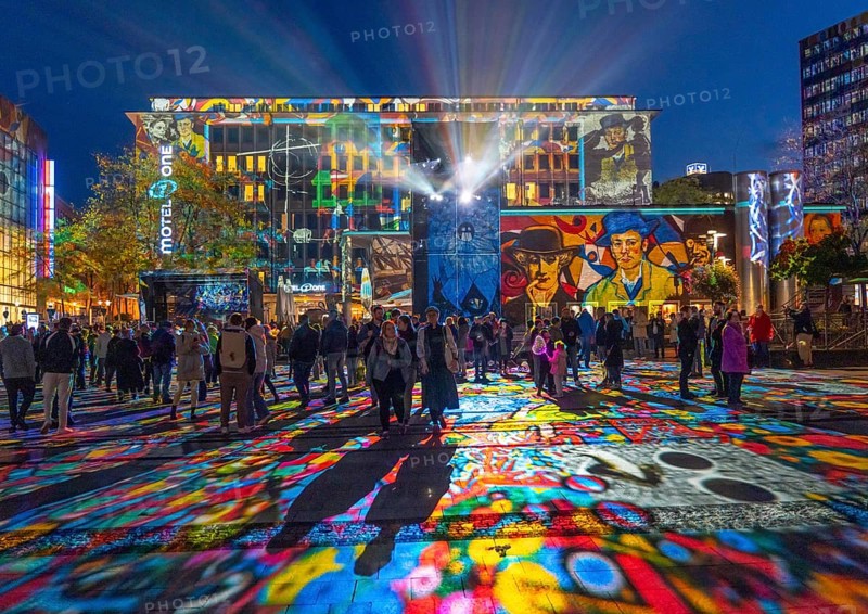 Essen Light Festival, in the city centre, light art on Kennedyplatz, the Berlin artist Daniel Margraf illuminates the large square in the city centre with works of art from the Essen Folkwang Museum, the visitors become part of the pictures that change with every step. North Rhine-Westphalia, Germany, Europe