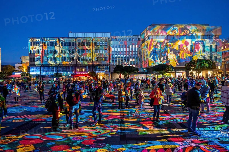 Essen Light Festival, in the city centre, light art on Kennedyplatz, the Berlin artist Daniel Margraf illuminates the large square in the city centre with works of art from the Essen Folkwang Museum, the visitors become part of the pictures that change with every step. North Rhine-Westphalia, Germany, Europe