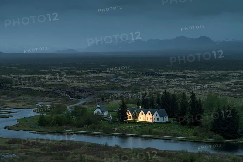Church and historic houses, World Heritage Site Þingvellir or Thingvellir or Pingvellir, Rift Valley, National Park, Iceland, Europe